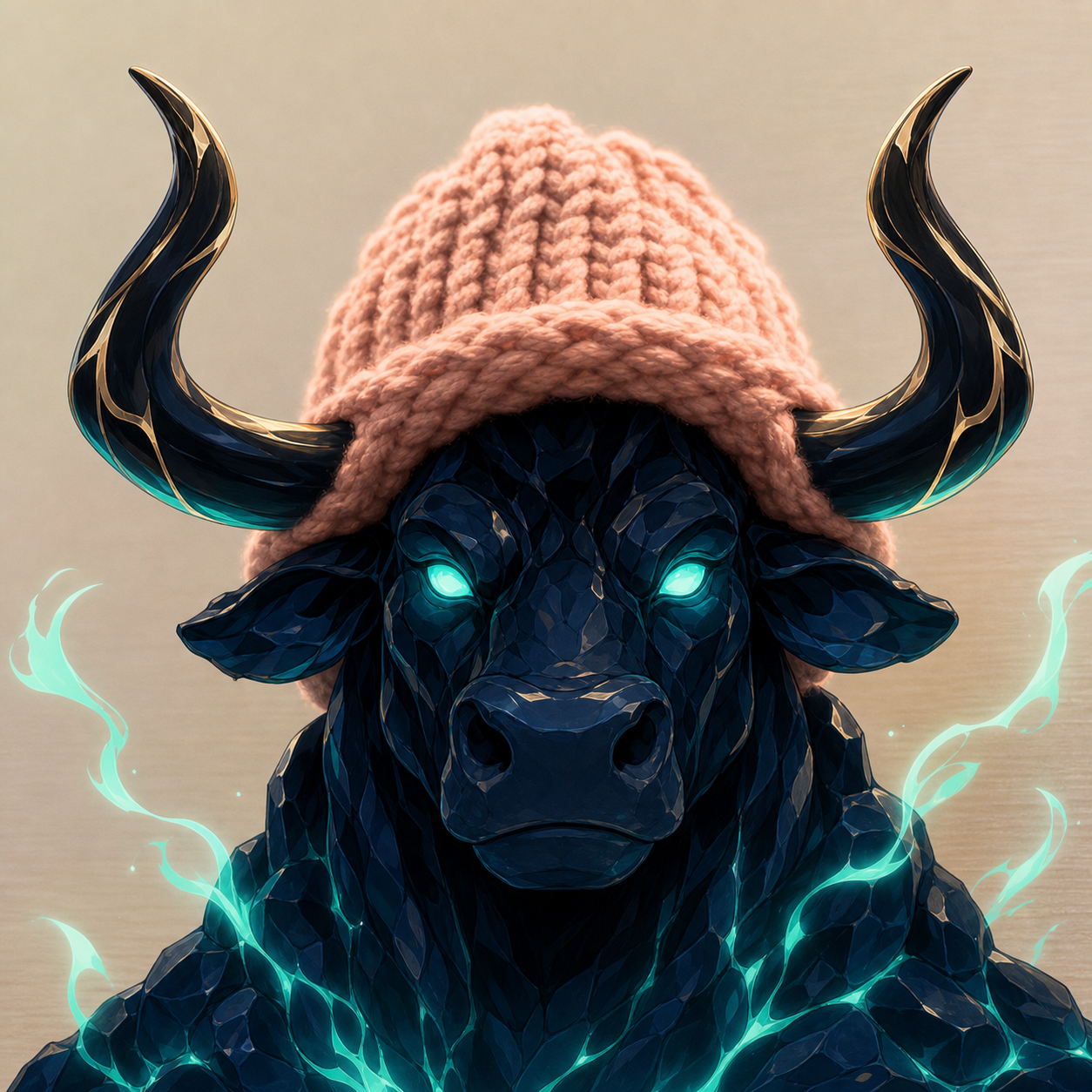Dark bull mascot wearing a knitted pink hat